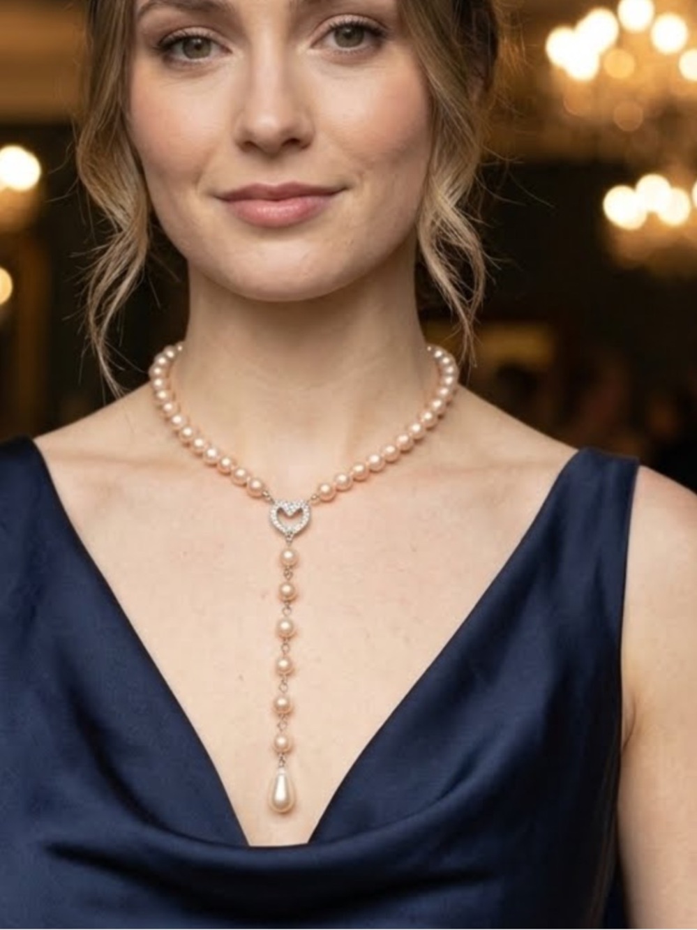 Elegant Pink Pearl Lariat Necklace with Heart Accent